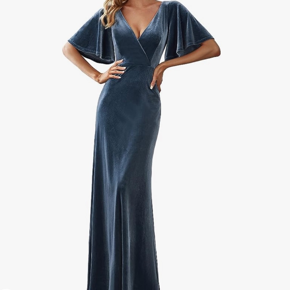 Blue velvet floor length dress.